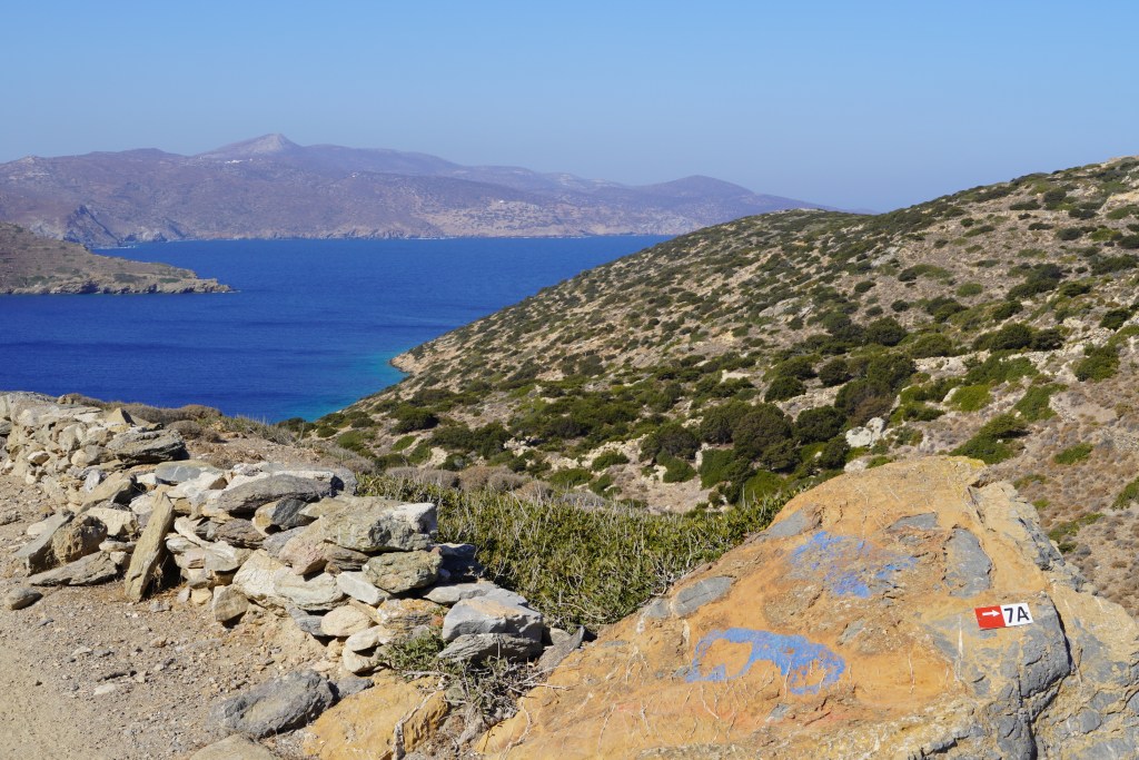 View of hiking route 7A on Amorgos, Katápola. Mountain and blue waters