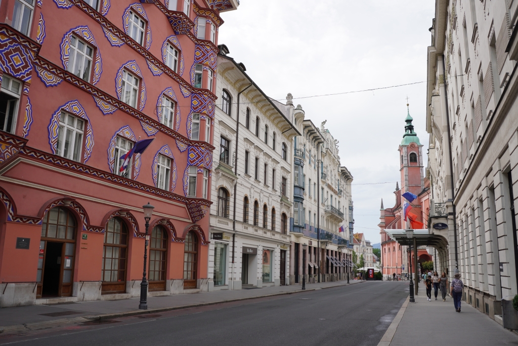 A colorful street leading to Prešernov Square in Ljubljana, Slovenia