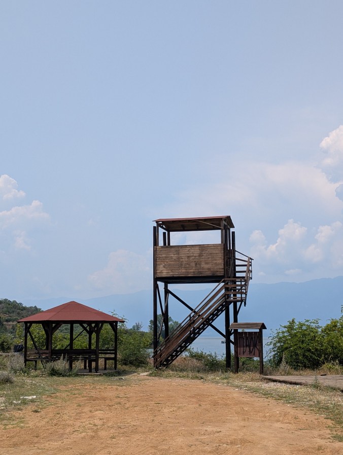 Observation tower and picnic table by Lake Kerkini